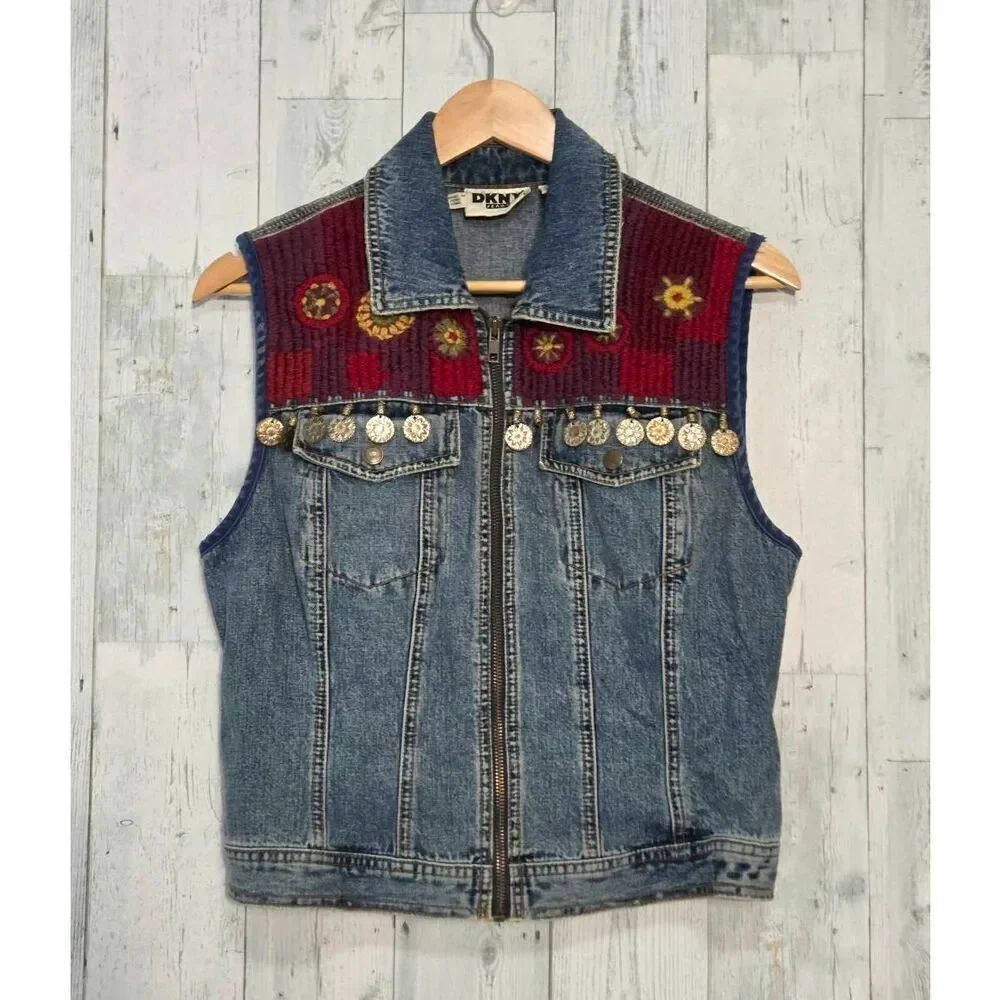 VTG 90s DKNY Jeans Embellished Western Boho Denim Vest Sz. S